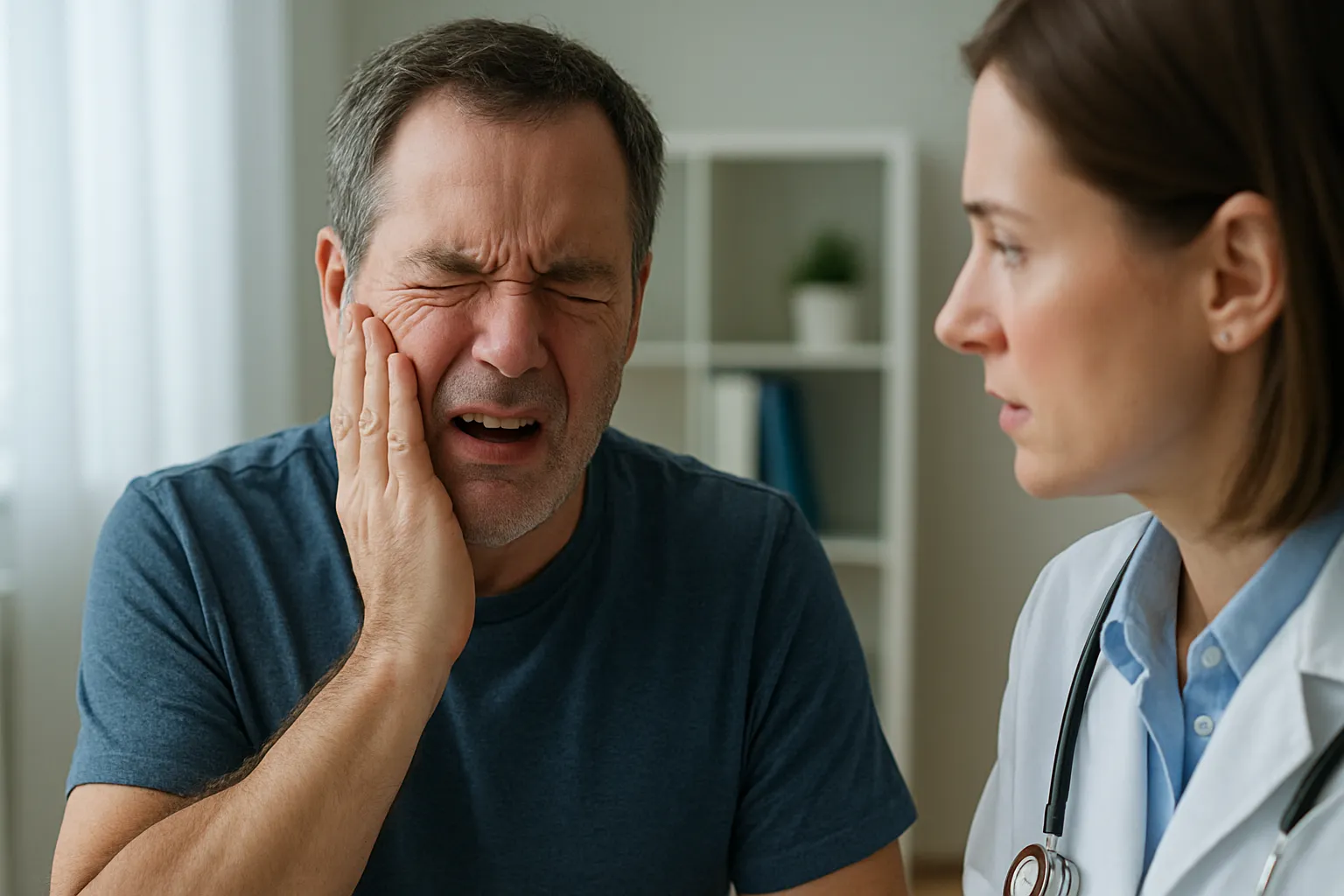 Мужчина держится за лицо при приступе боли при невралгии тройничного нерва