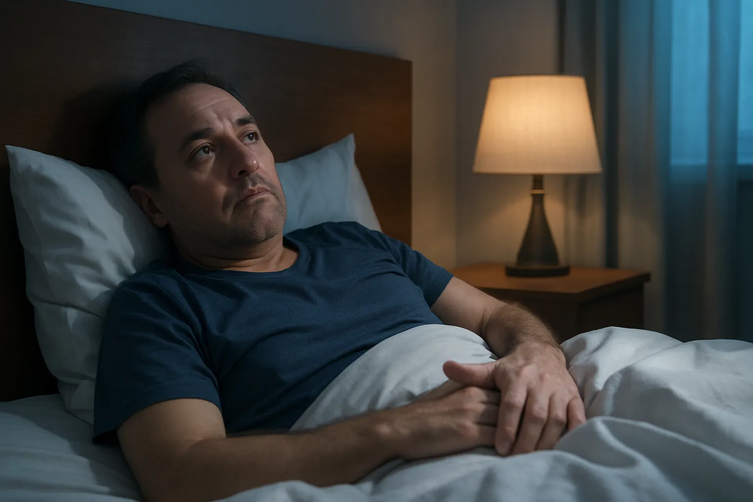 Мужчина страдает от бессонницы, лежит в постели ночью